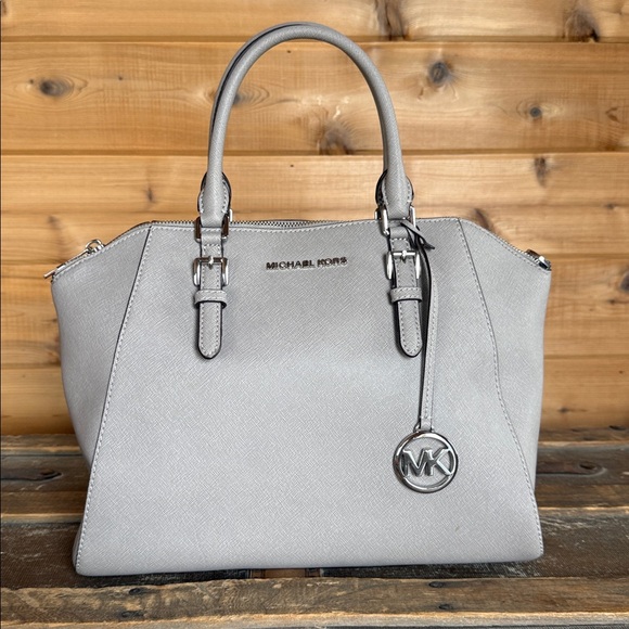 Michael Kors Light Gray Ciara Large Saffiano Leather Satchel - Picture 2 of 16